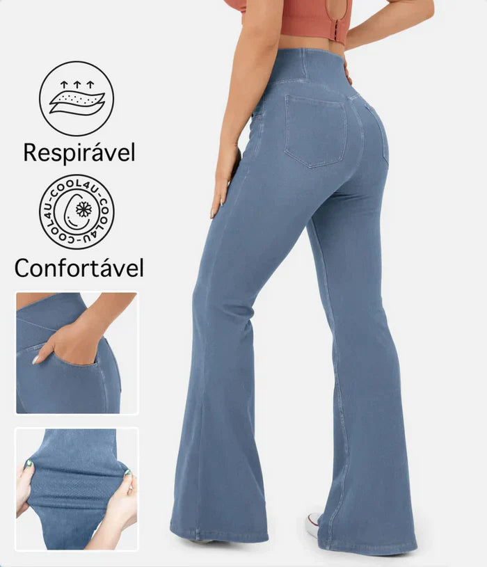 Calça Flare Jeans Cintura Cruzada