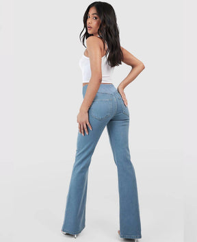 Calça Flare Jeans Cintura Cruzada