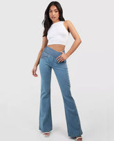 Calça Flare Jeans Cintura Cruzada