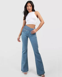 Calça Flare Jeans Cintura Cruzada